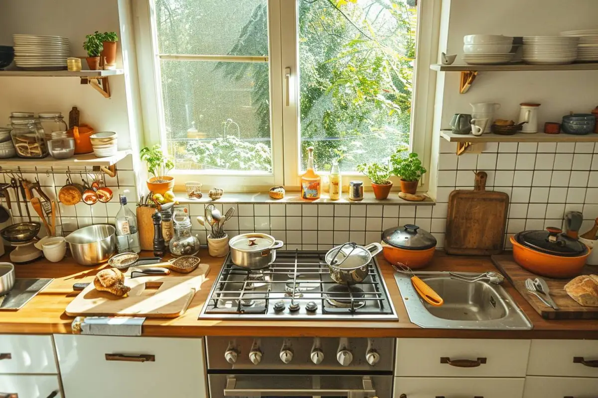 Les ustensiles essentiels disposés sur un plan de travail pour équiper une cuisine fonctionnelle au quotidien