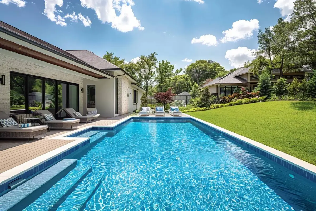Piscine enterrée rectangulaire avec margelles claires et terrasse en bois dans un jardin résidentiel français