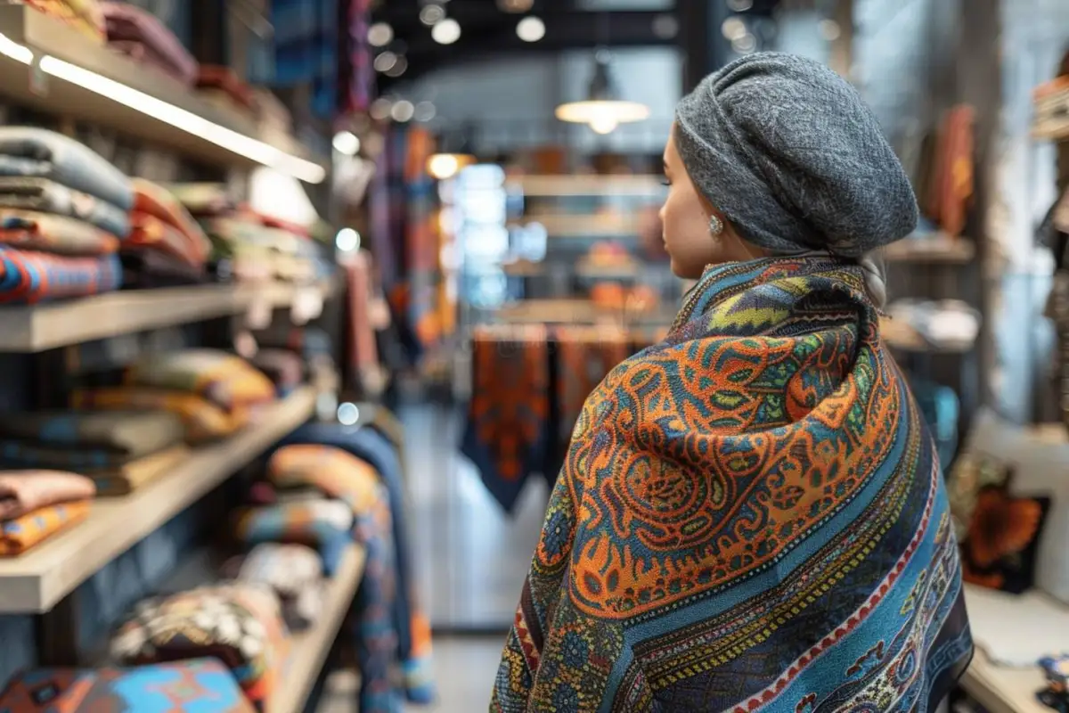 Atelier textile où un foulard à motif coloré est imprimé puis contrôlé sur une grande table de coupe