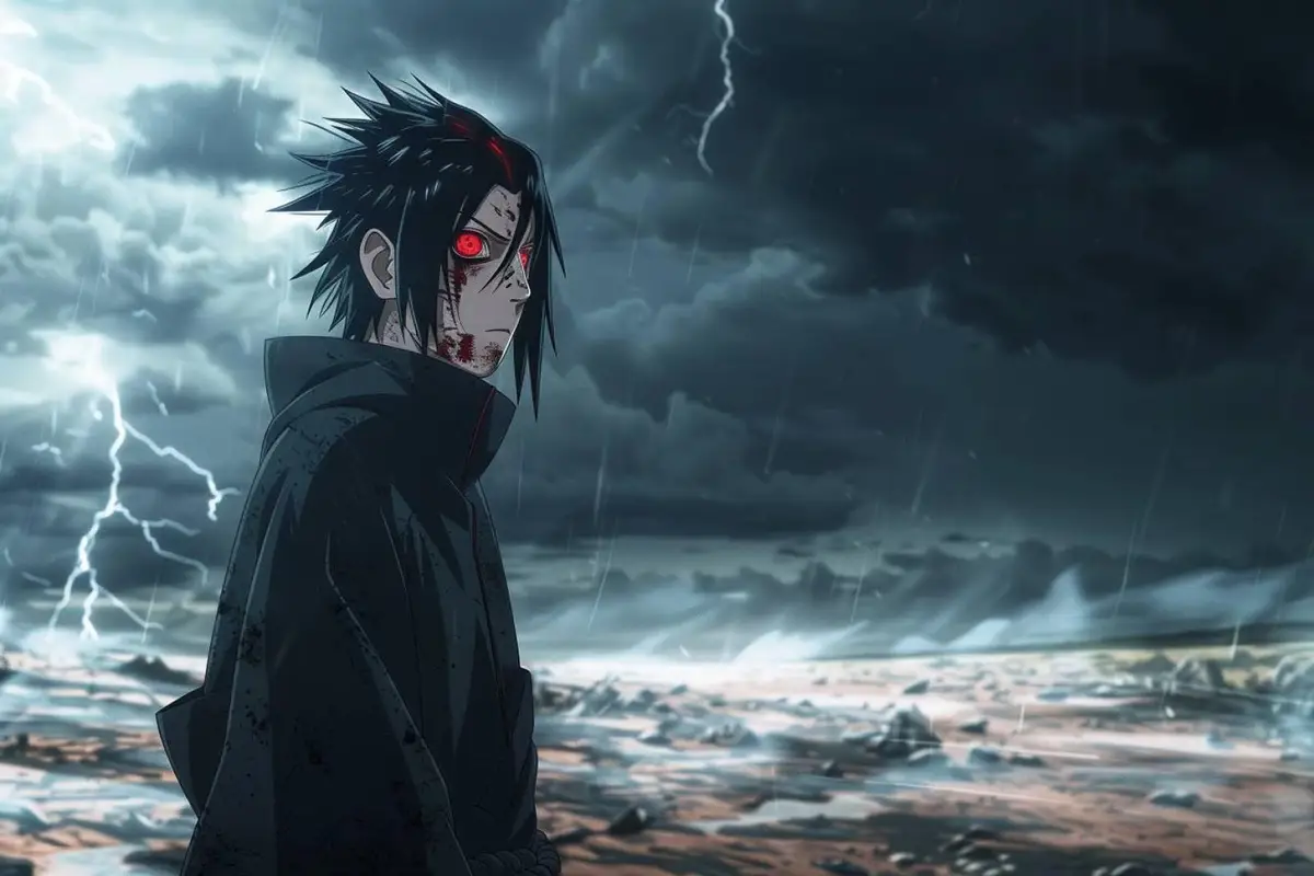 Silhouette d’un jeune ninja sombre sous la pluie, face à un village éclairé dans une ambiance dramatique.