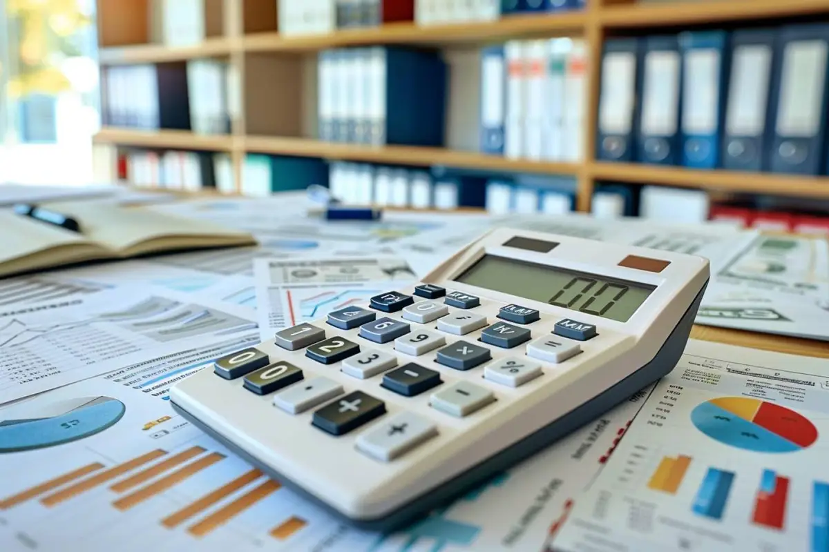 Calculatrice, emballages de produits et documents de coûts sur le bureau d’un petit atelier de vente