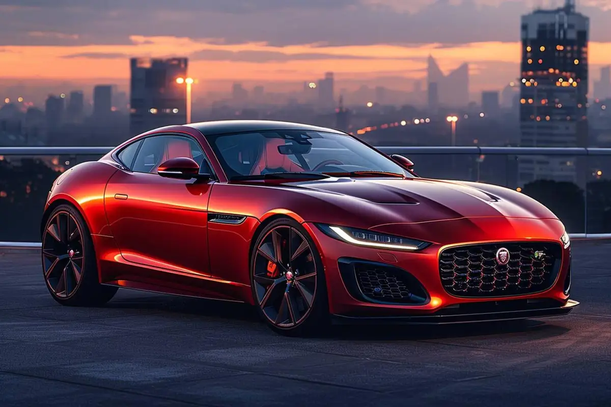 Jaguar F-Type 2024 vert sombre, vue de trois quarts sur une route côtière après la pluie
