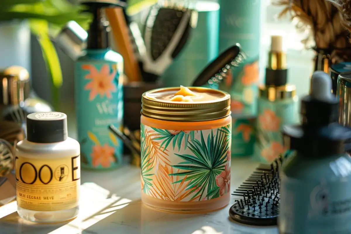 Pot de masque capillaire rose ouvert, peigne en bois et longue chevelure ondulée vue de dos dans une salle de bains