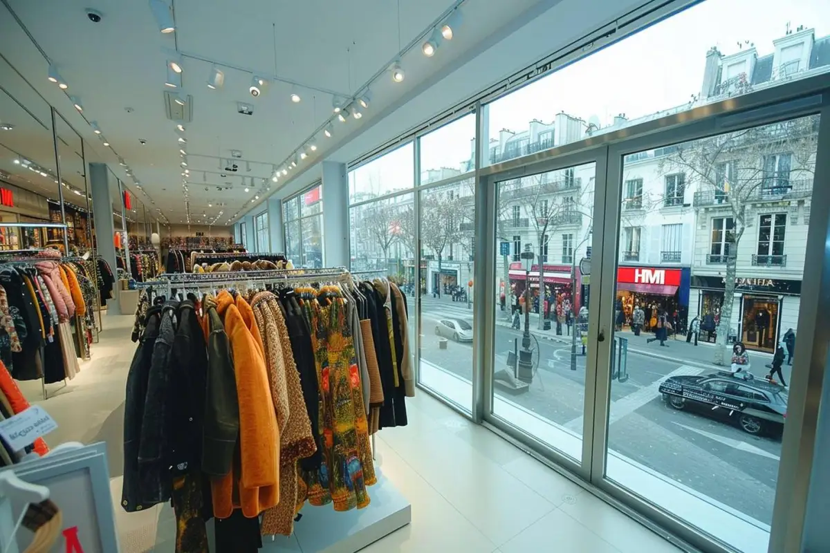 Devanture moderne d’une grande boutique de mode sur les Champs-Élysées avec passants et portants visibles