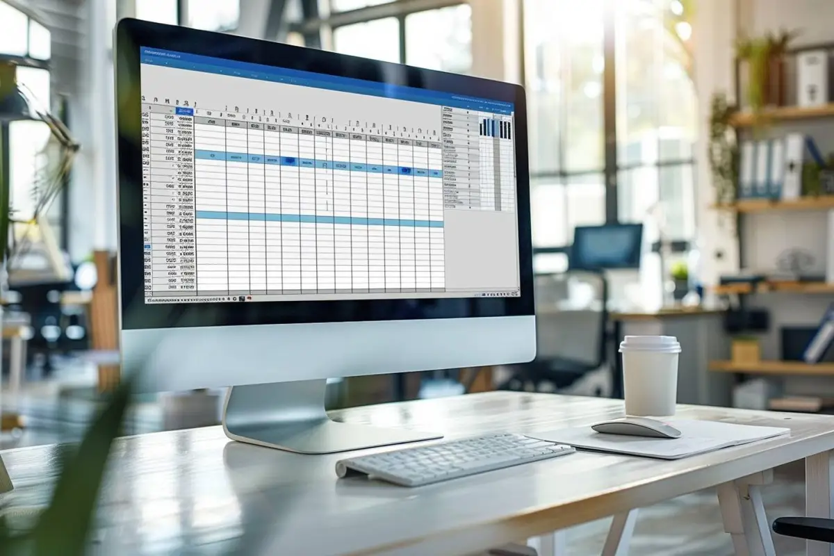 Ordinateur avec tableau Excel de devis et document PDF imprimé sur un bureau professionnel lumineux