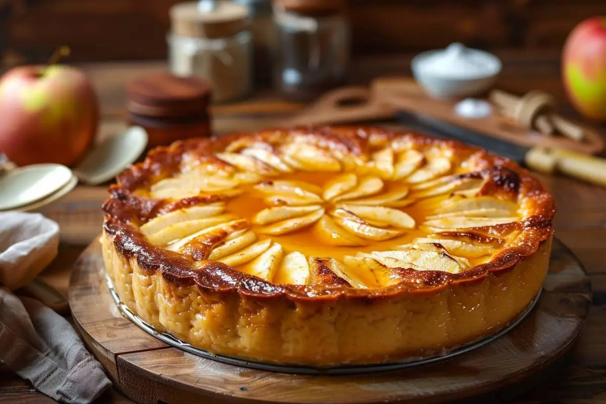 Flan aux pommes sans pâte dans un moule en céramique, avec une part découpée montrant sa crème fondante