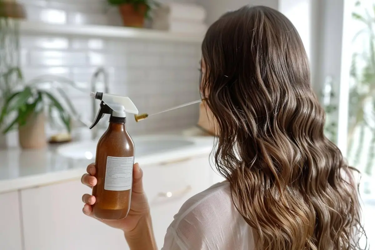 Petit pot de poudre de fécule, pinceau propre et cuillère pour préparer un shampoing sec maison