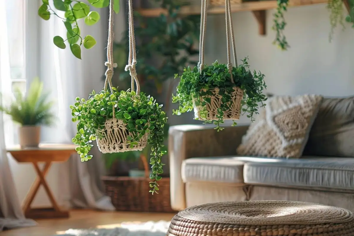 Trois plantes retombantes suspendues à des hauteurs différentes près d’une fenêtre de salon lumineux