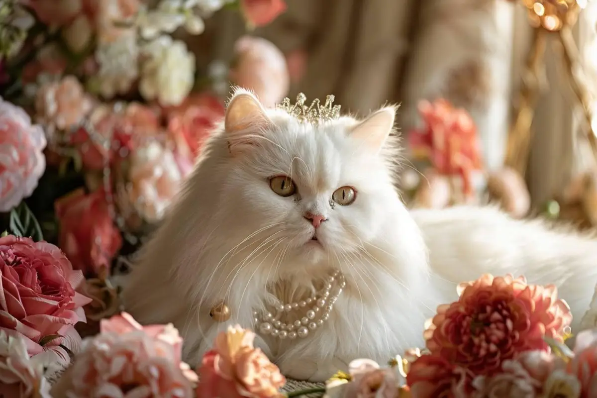 Chaton blanc au petit nœud rose dans un intérieur parisien élégant inspiré du début du XXe siècle