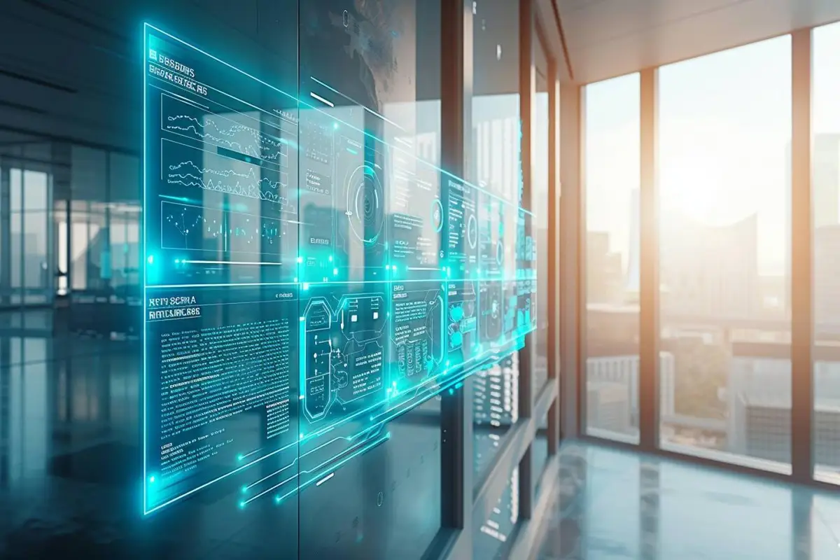 Équipements et postes de travail reliés symbolisant les échanges de données entre logiciels d’entreprise
