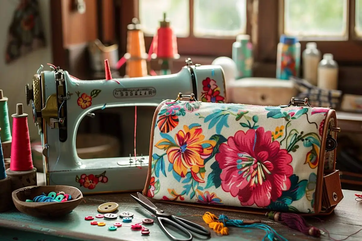 Pochette doublée en tissu à fermeture éclair en cours de couture sur une table avec règle et accessoires