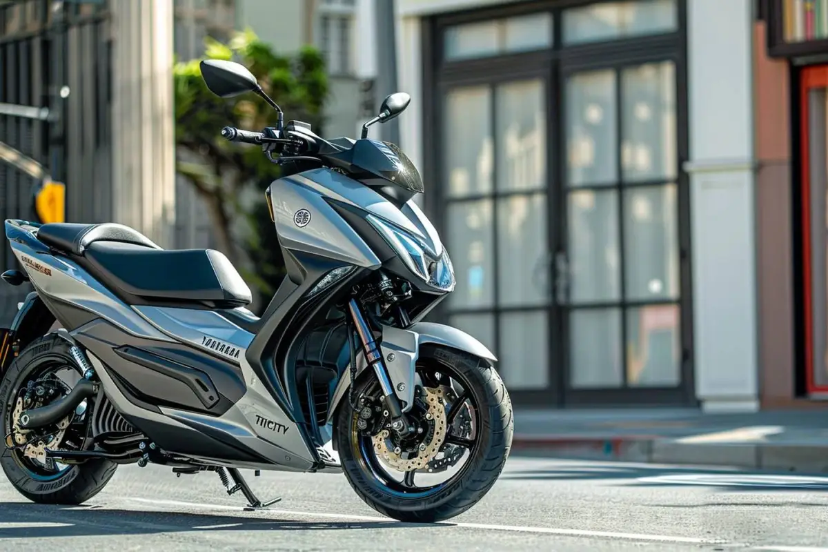 Scooter urbain à deux roues avant inclinables stationné dans une rue française au petit matin