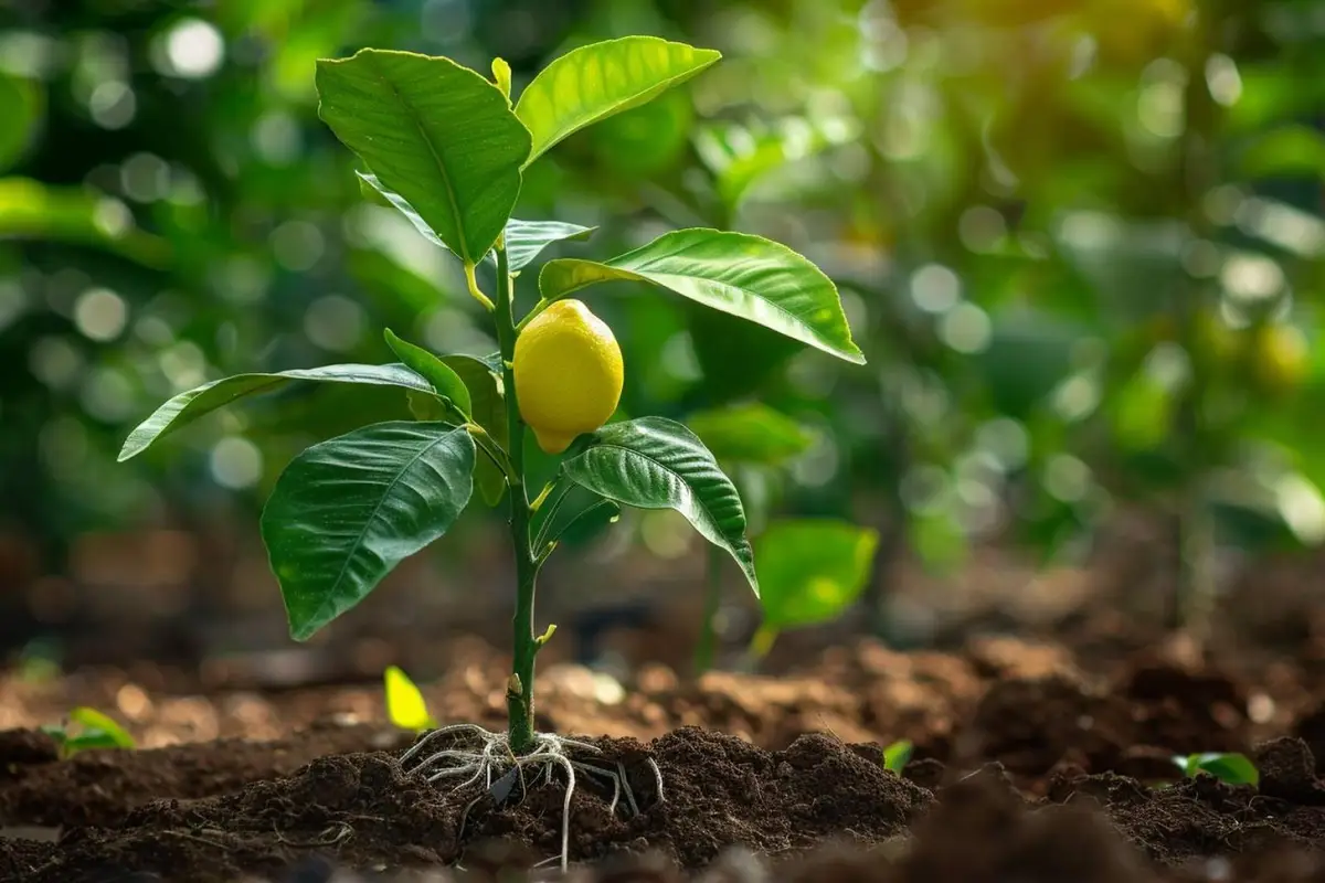 Jeune pousse de citronnier en pot drainé, placée près d’une fenêtre très lumineuse pour favoriser sa croissance