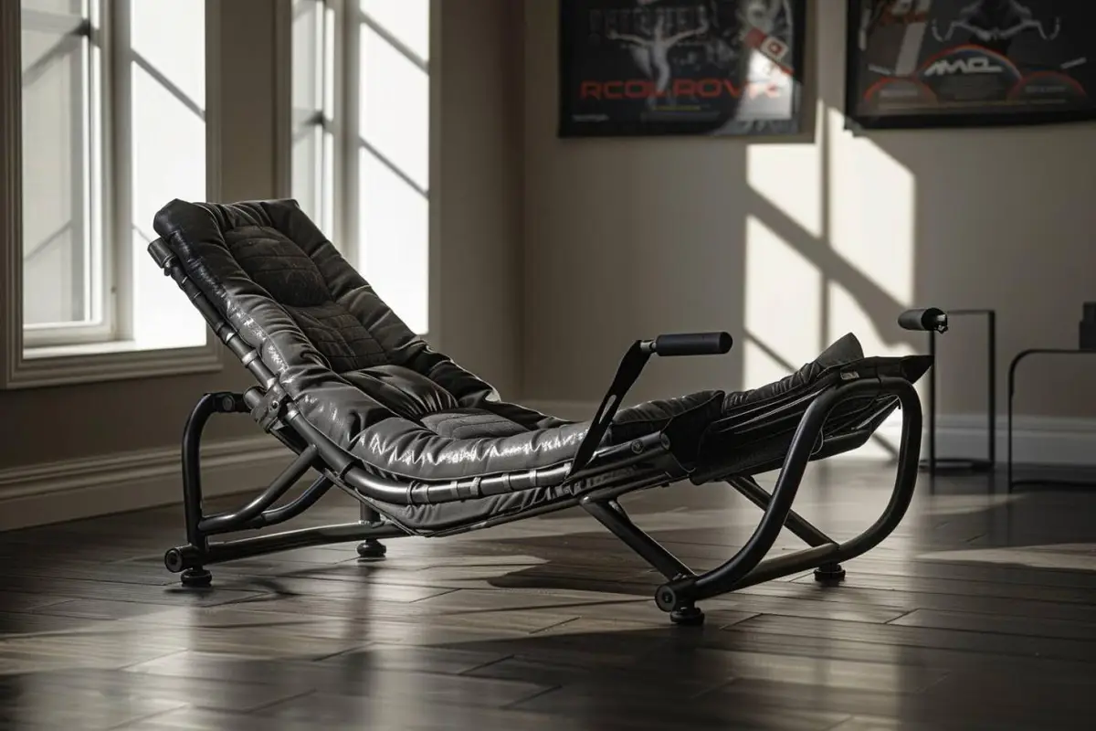Athlète de dos réalisant une traction assistée sur une chaise romaine stable dans un espace d’entraînement à domicile