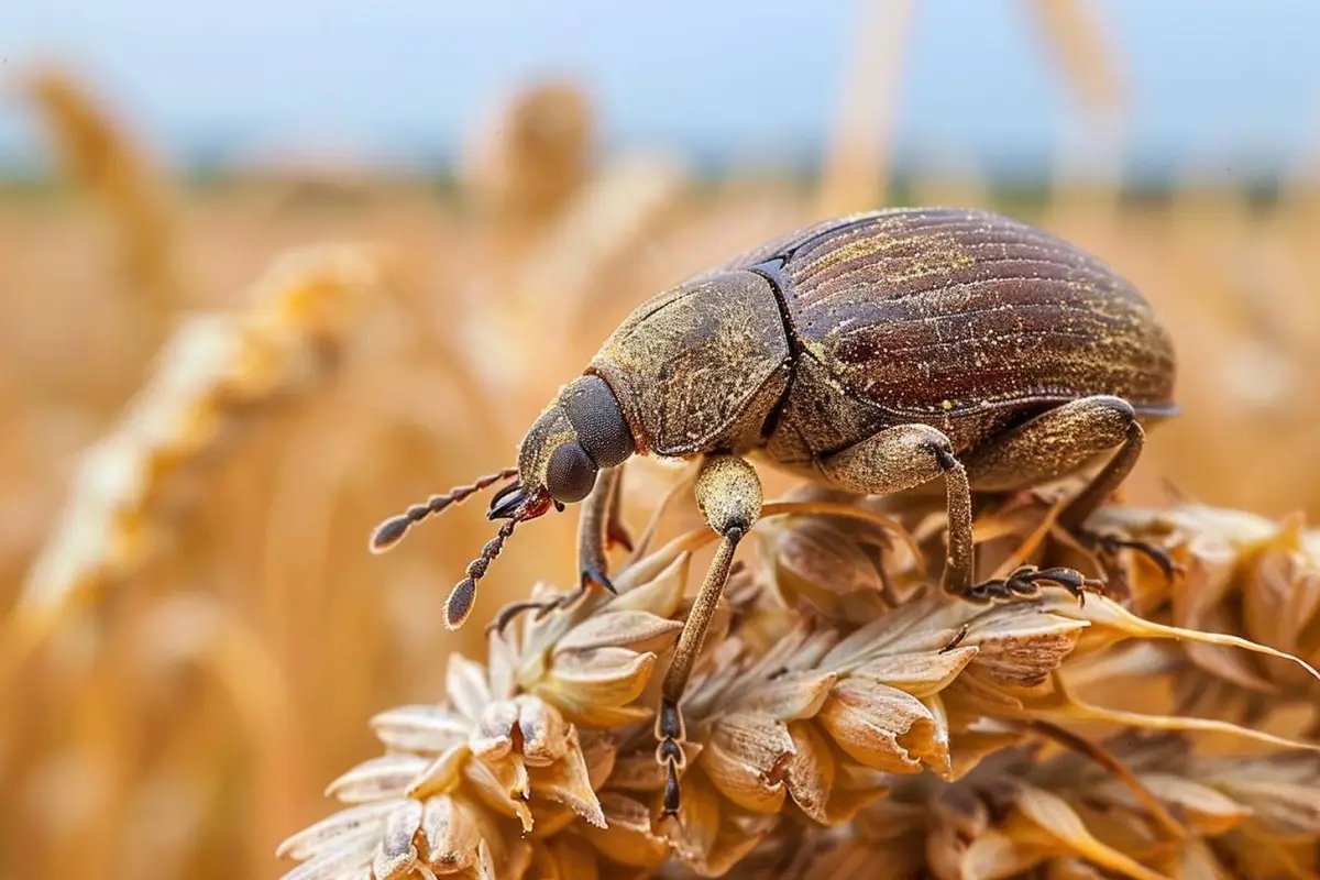 Charançon sombre parmi des grains de blé stockés, avec quelques grains présentant de petits trous circulaires