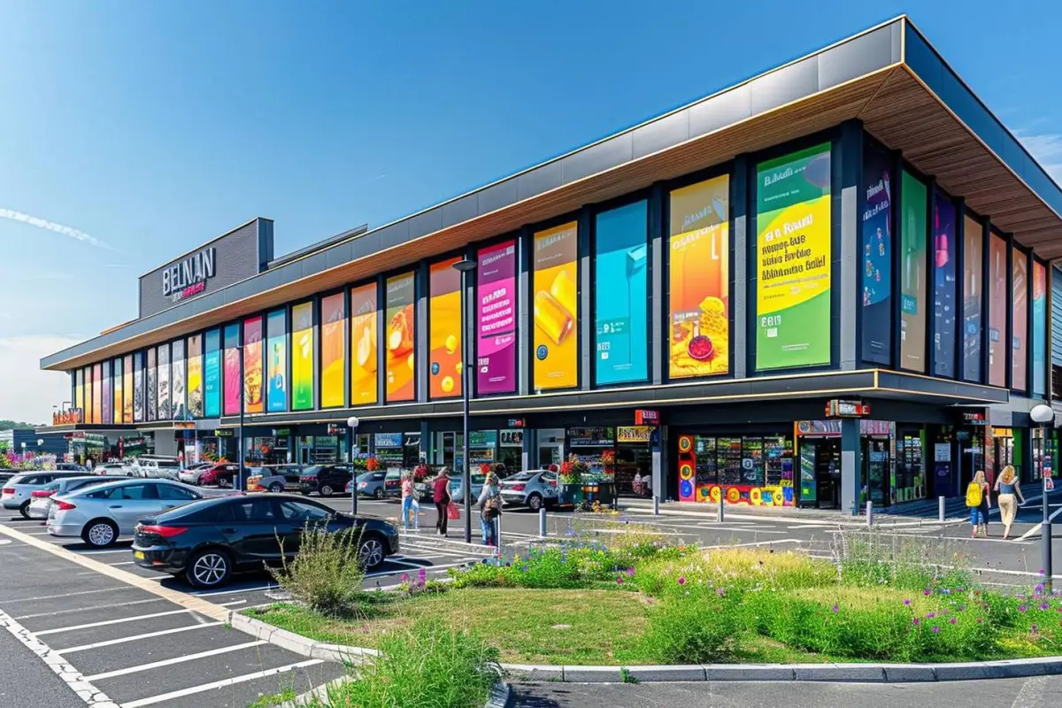 Courses en sacs réutilisables chargées dans une voiture sur une aire de retrait drive en périphérie urbaine