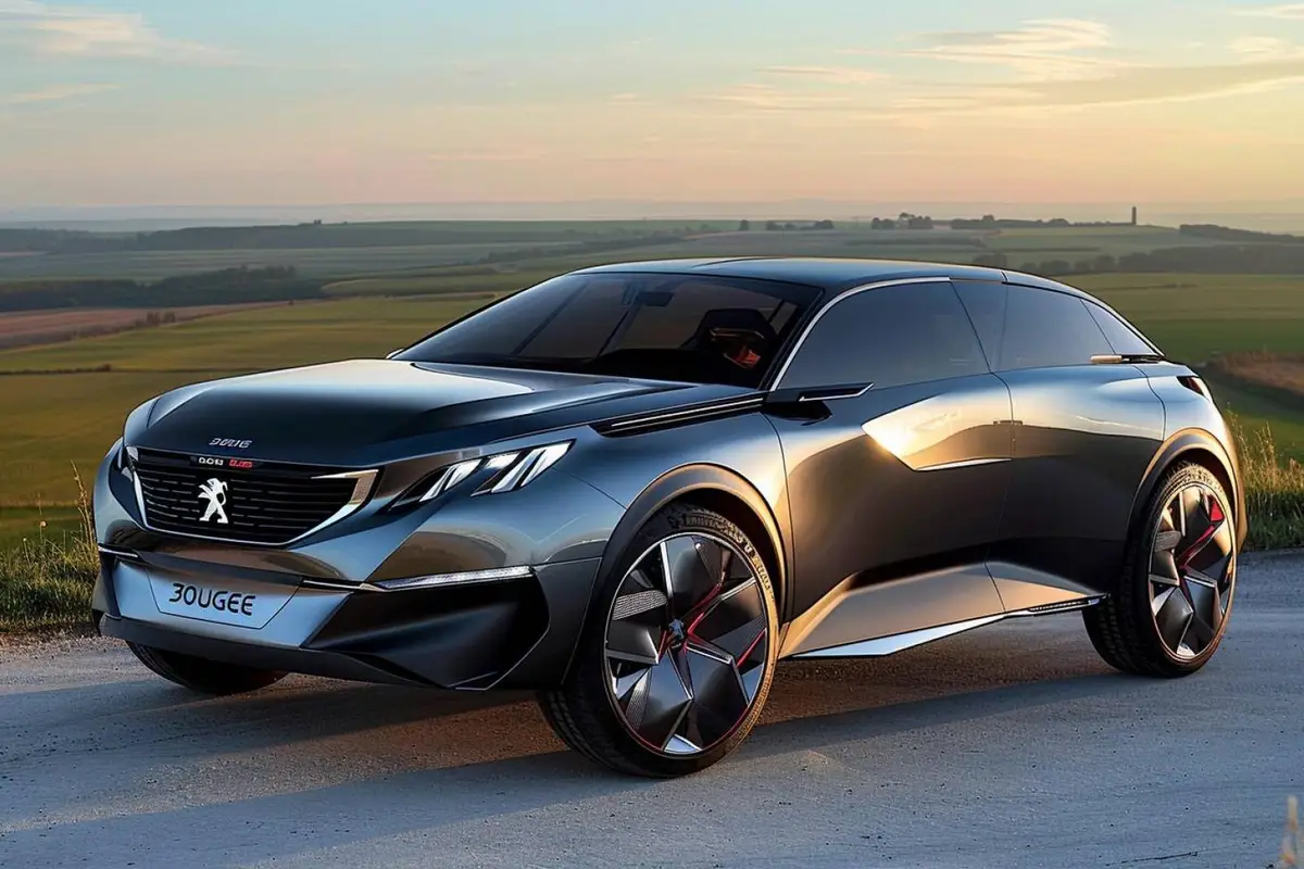 SUV familial électrique moderne en recharge nocturne devant une maison, vu de trois quarts arrière
