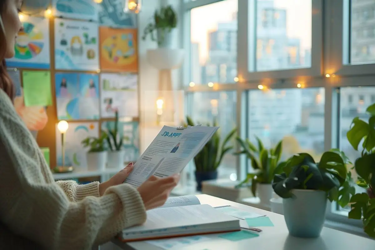 Salariée de dos organisant son plan de travail pour les trente premiers jours dans un bureau lumineux