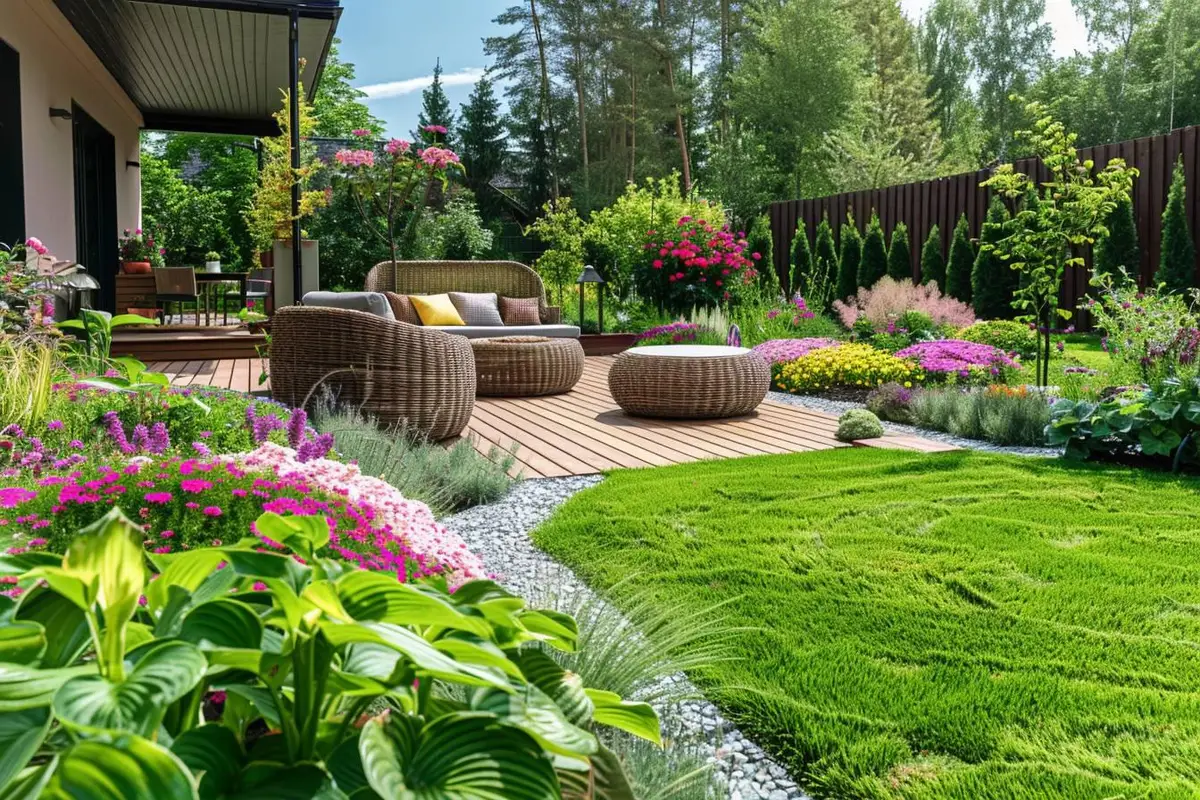 Petit jardin urbain aménagé avec chemin de gravier, coin repas, massifs vivaces et éclairage extérieur discret