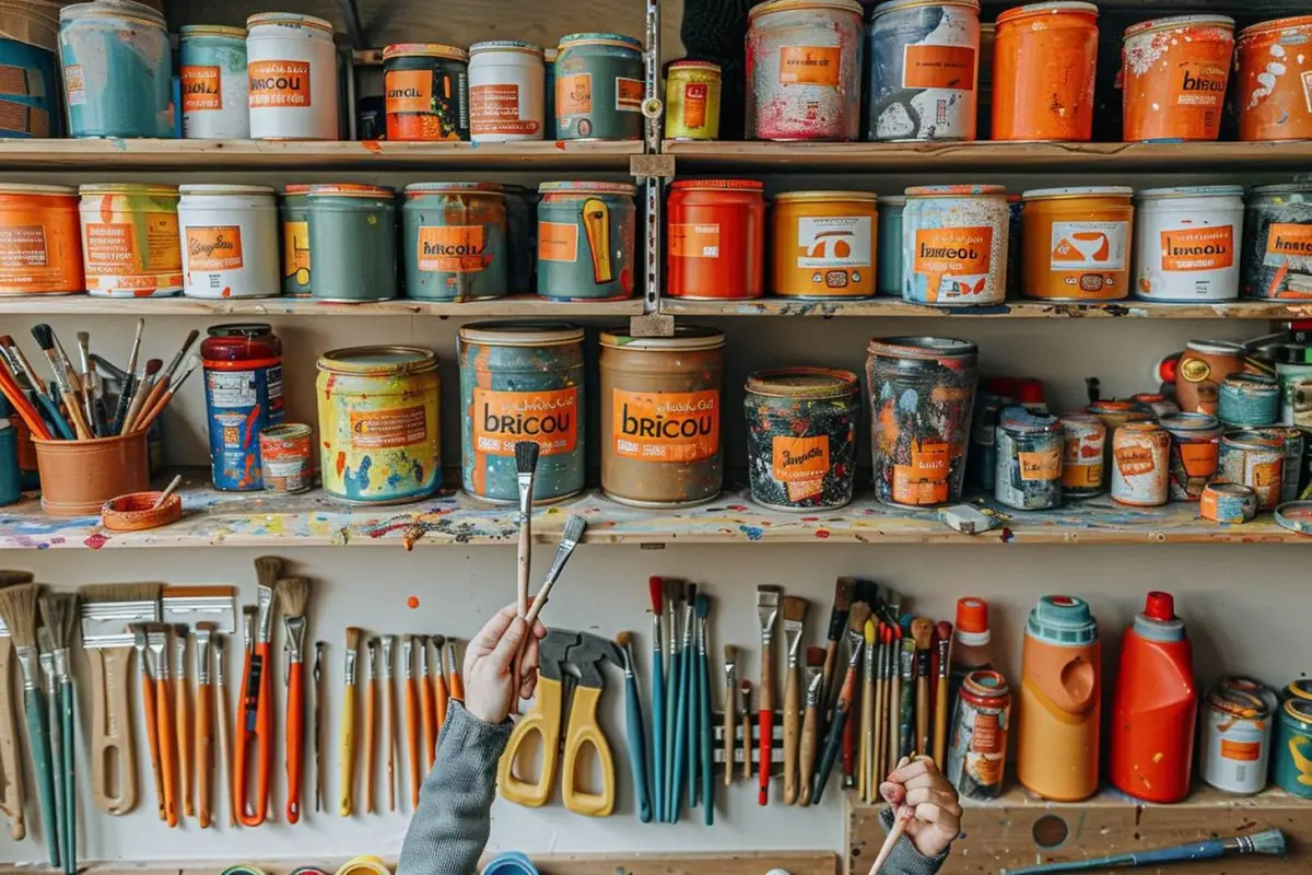 Personne personnalisant une petite table en bois avec peinture, ruban de masquage et outils de bricolage