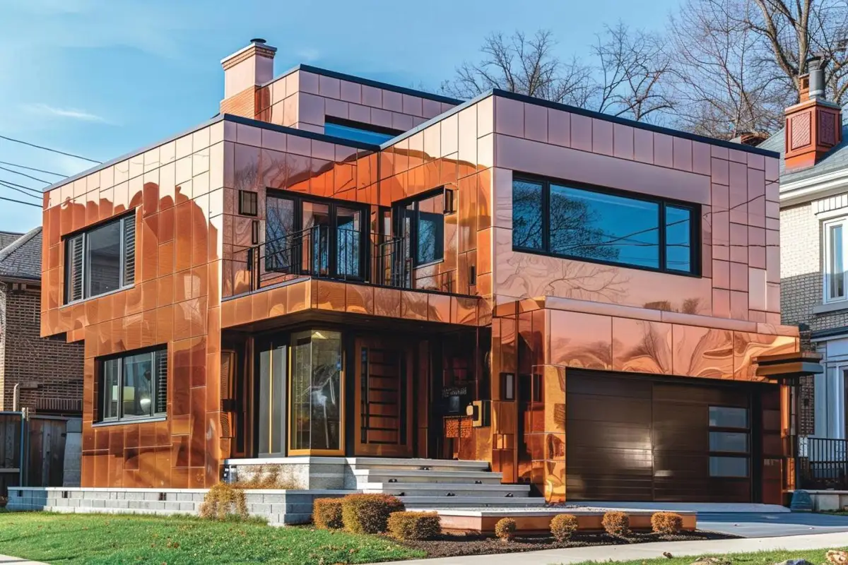 Maison contemporaine avec toiture à joint debout en cuivre patiné et éléments de couverture en ardoise