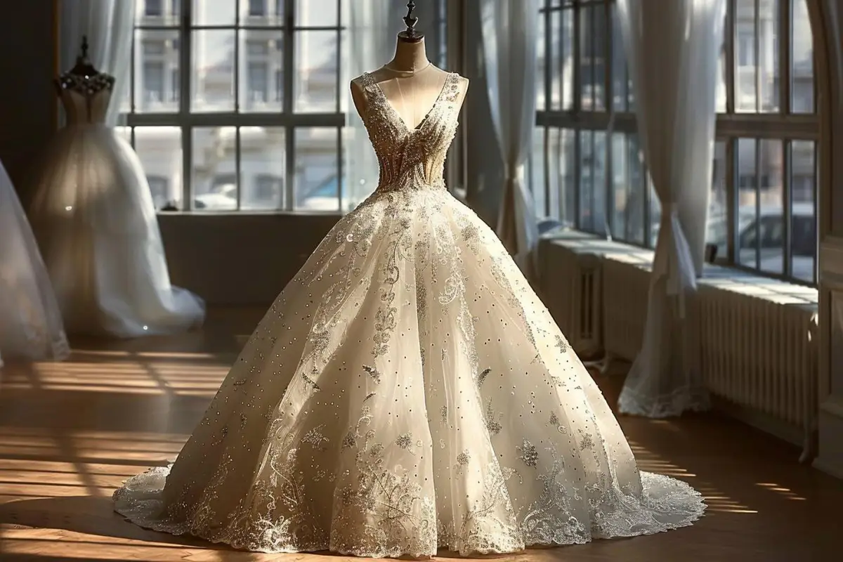 Essayage d’une robe de mariée princesse en satin et tulle avec ajustement de l’ourlet en boutique