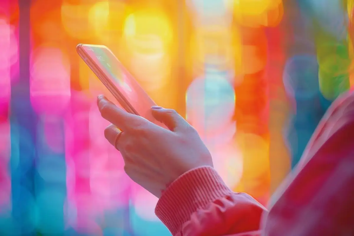 Mains tenant un smartphone près d’un café, illustrant un échange SMS léger avant une rencontre