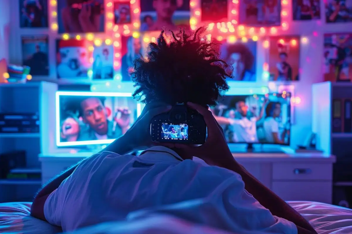 Créateur préparant une vidéo YouTube devant un ordinateur et une caméra sur trépied dans un studio lumineux