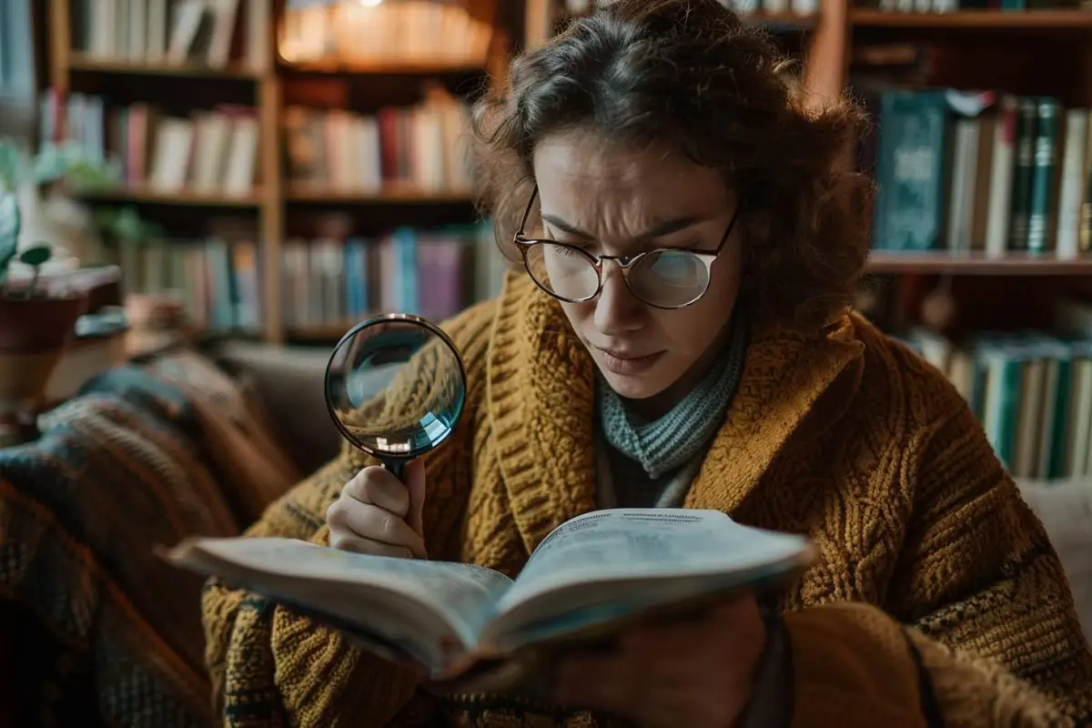 Cahier ouvert avec des mots français séparés en syllabes au crayon, près d’un métronome et de lunettes