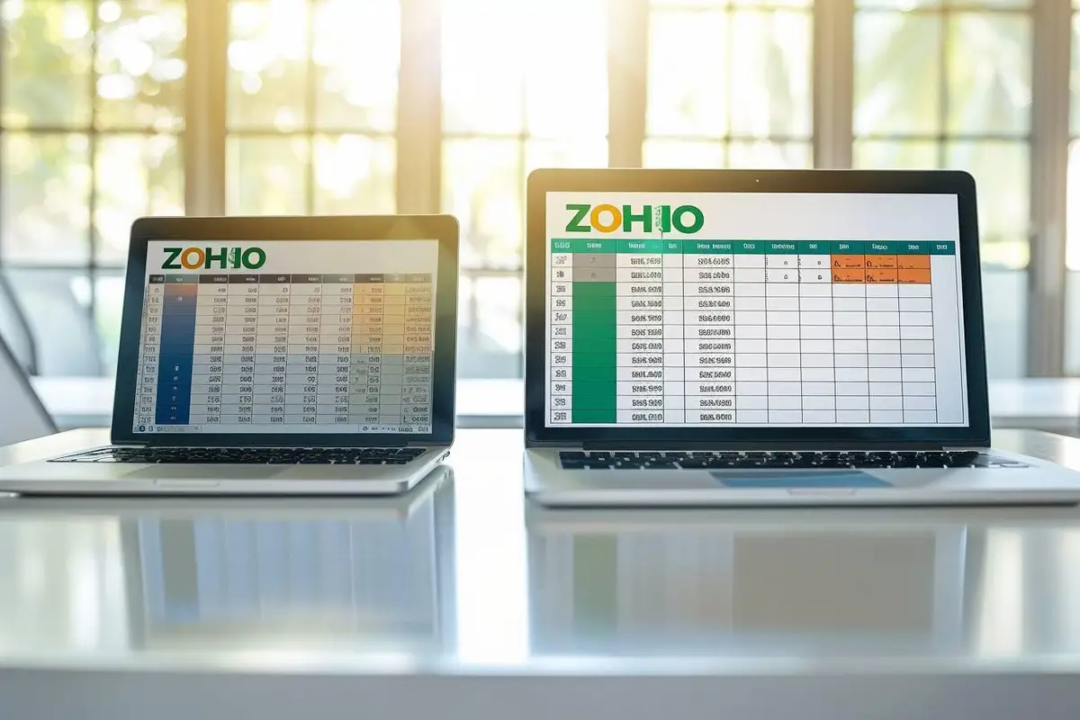 Deux collaborateurs comparent des tableaux de données sur un ordinateur portable et un écran de bureau en entreprise.