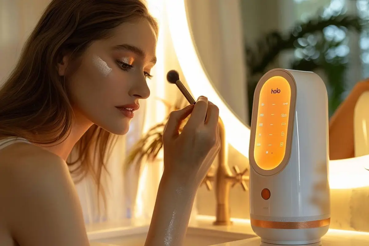 Appareil facial à picots souples tenu près d’un lavabo avec nettoyant doux et serviette propre