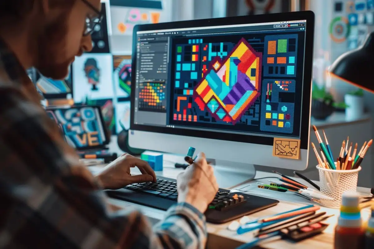 Main dessinant un logo pixel art sur tablette avec grille visible, palette de couleurs et croquis à côté
