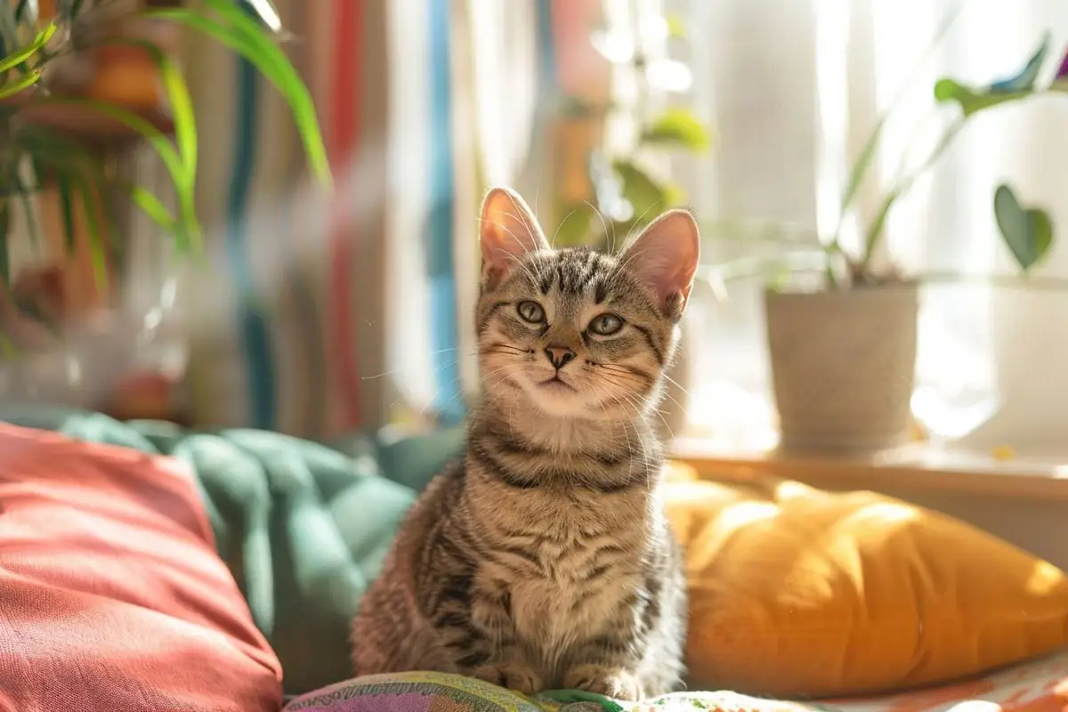 Chat tigré en mouvement sur un canapé, devant un smartphone évoquant une animation en boucle