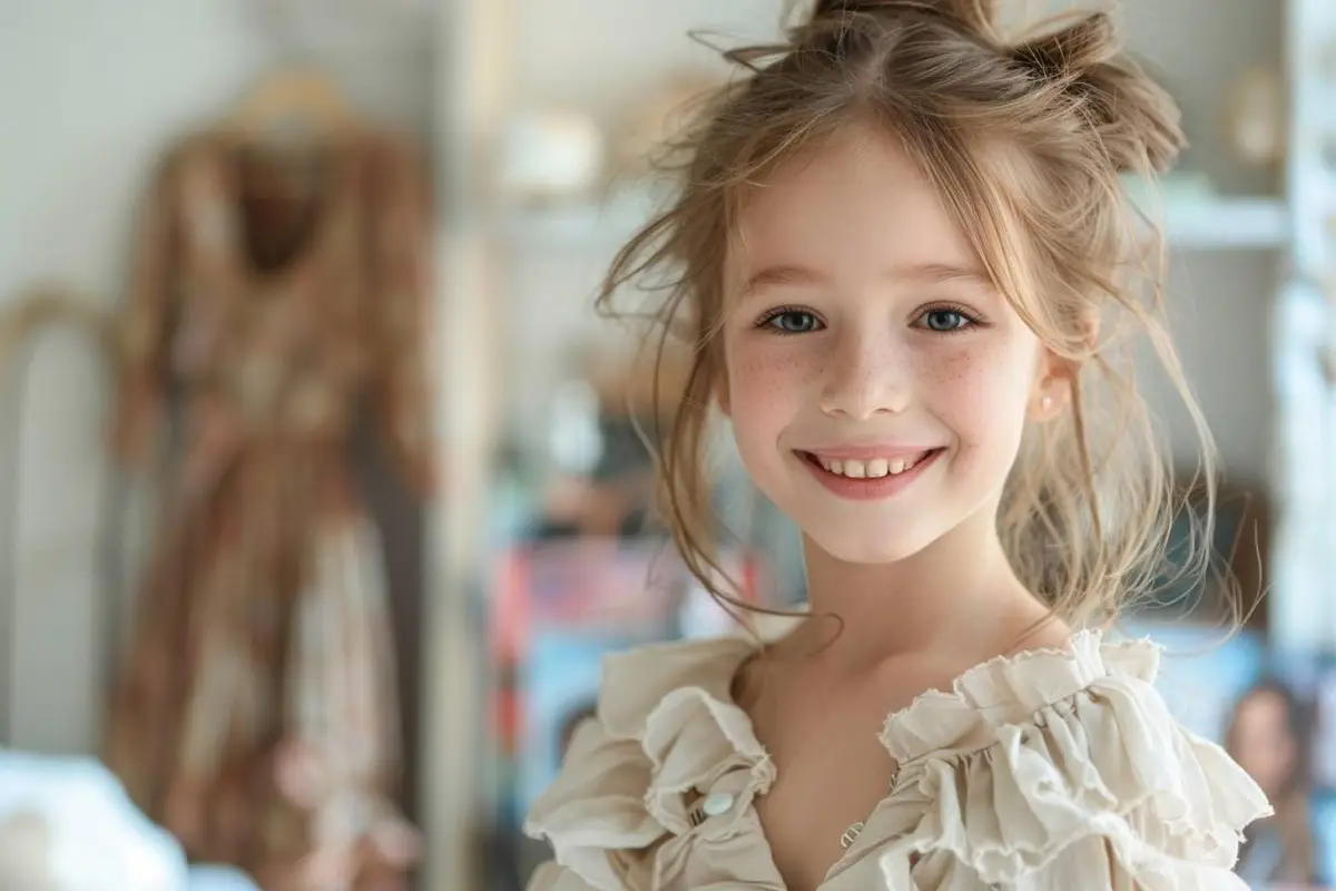 Une enfant accompagnée d’un parent prépare des photos simples pour un casting dans un cadre rassurant.