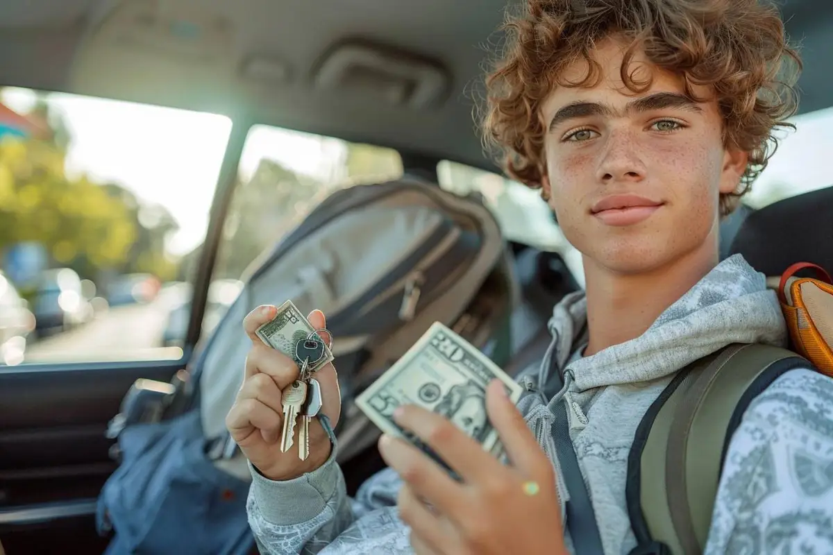 Étudiant comparant des offres d’assurance auto avec des documents, une calculatrice et des clés de voiture