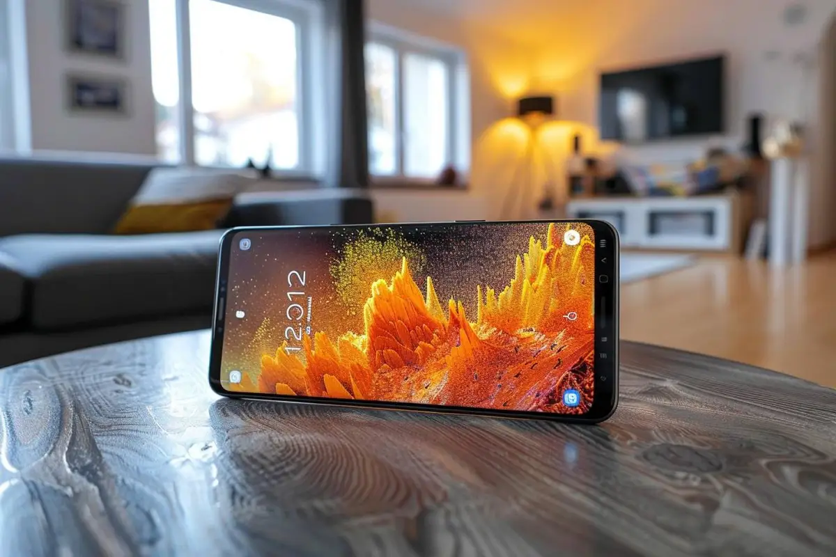 Smartphone Android affichant un fond d’écran artistique abstrait, avec une composition lisible sous l’horloge