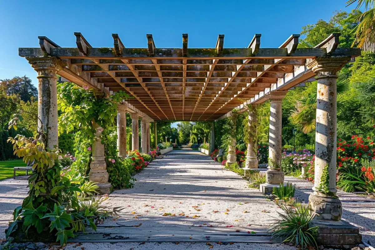 Pergola bioclimatique en aluminium sur une terrasse de jardin à Limoges après une averse légère.