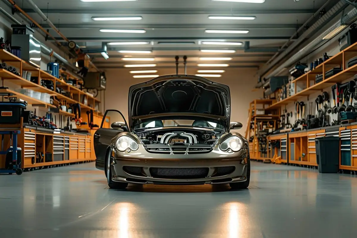 Remplacement du silencieux arrière d’une voiture sur chandelles avec collier et outils de mécanique