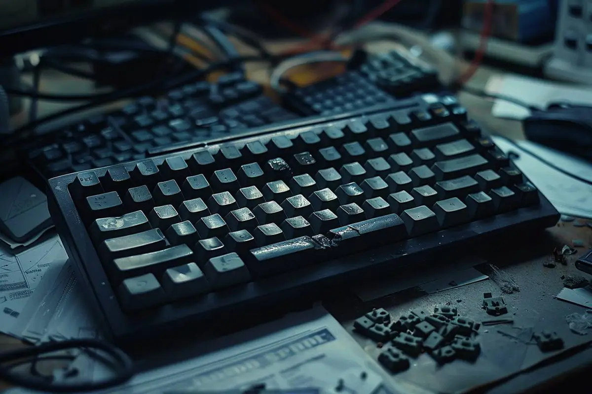 Clavier d’ordinateur et outils de nettoyage posés près d’un portable lors d’un diagnostic de panne