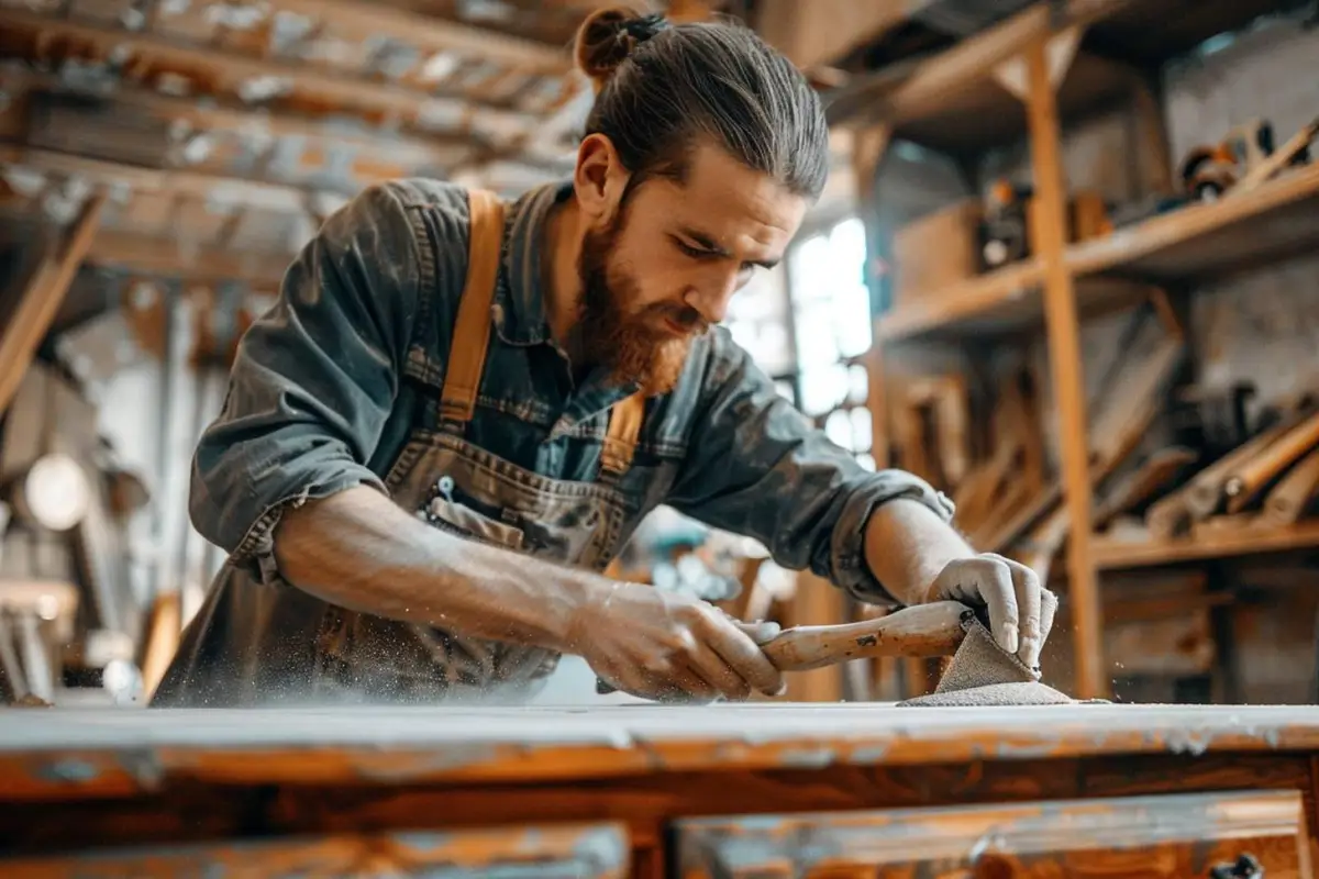 Décapage d’un meuble en bois verni avec gel, spatule large et protections dans un atelier lumineux