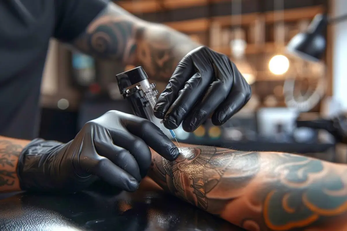 Gros plan sur un tatoueur réalisant un ombrage noir et gris en dégradé sur un motif végétal d’avant-bras