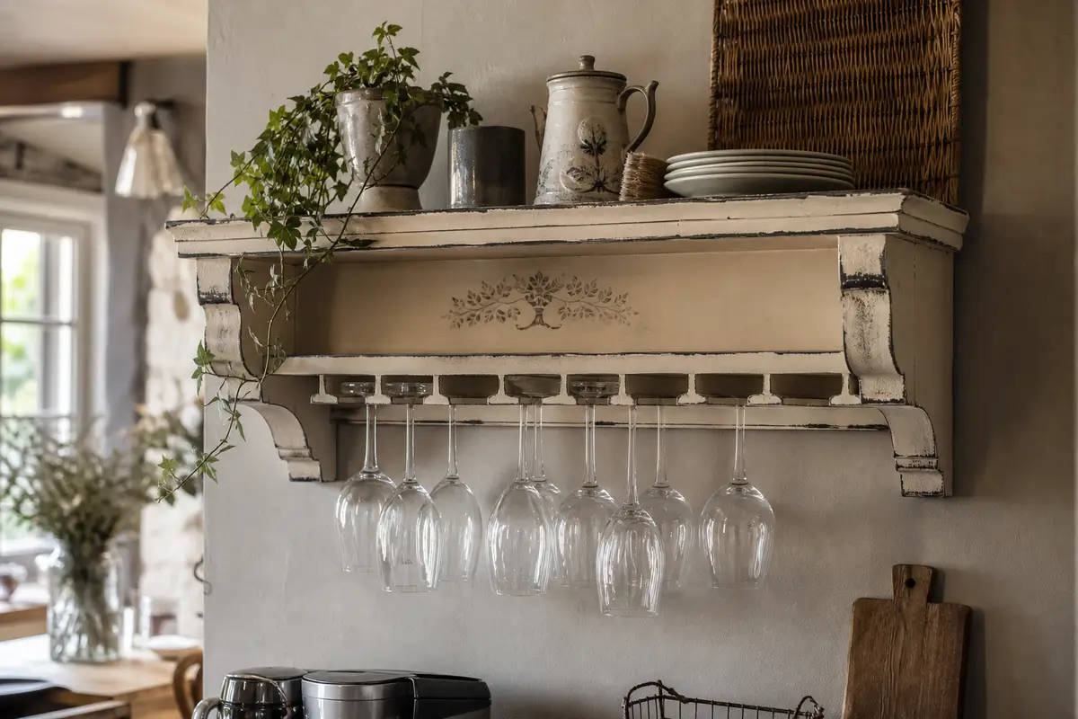 Porte-verres mural en bois patiné crème et noir, garni de verres transparents dans un coin cuisine esprit bistrot