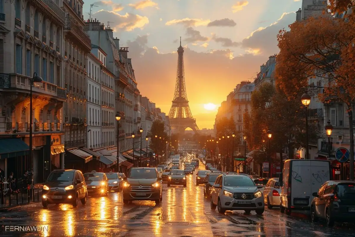 Passants de dos dans une rue parisienne au crépuscule, près d’une entrée de métro et d’immeubles haussmanniens
