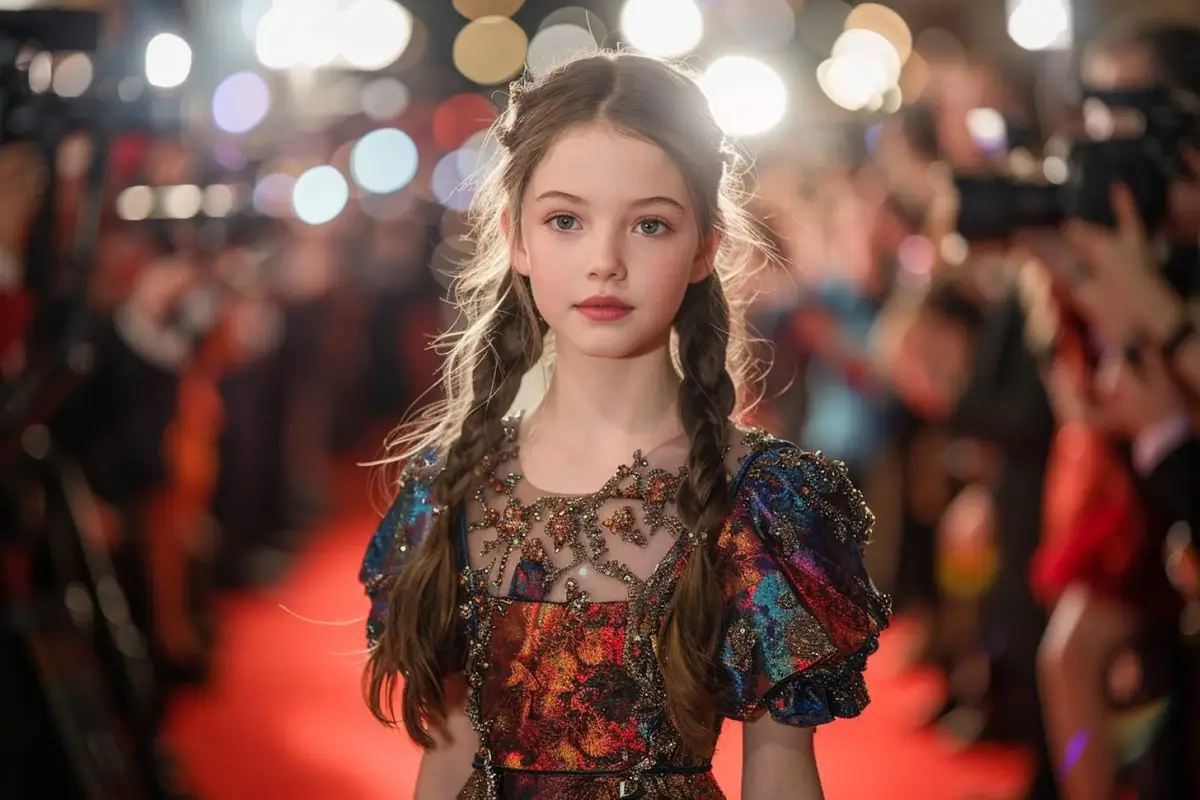 Silhouette d’une jeune actrice dans un couloir de studio de cinéma, éclairée avant une prise de vue