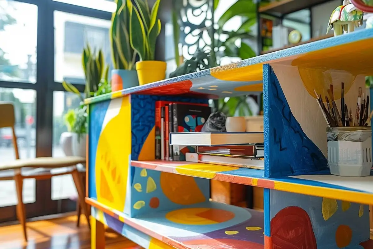 Buffet inspiré d’un meuble en kit, repeint en vert mat avec poignées en chêne et portes en cannage.