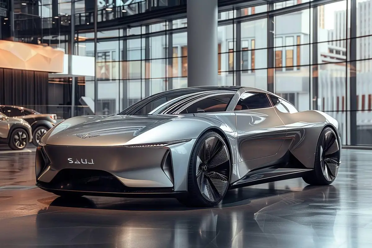 Voiture électrique familiale moderne en charge rapide sur une aire, avec des bagages près du coffre