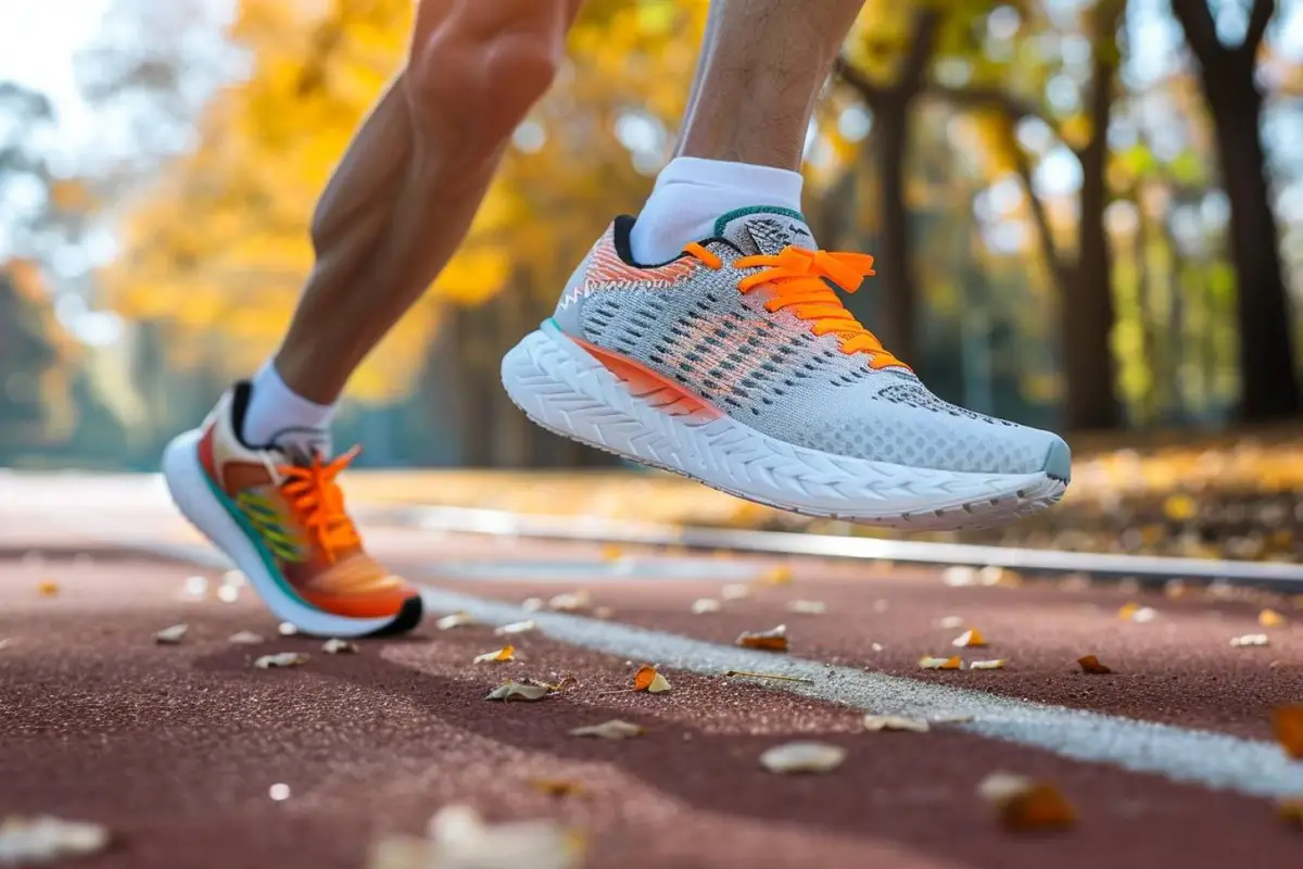 Gros plan sur des sneakers de running portées par deux coureurs sur un chemin urbain au petit matin