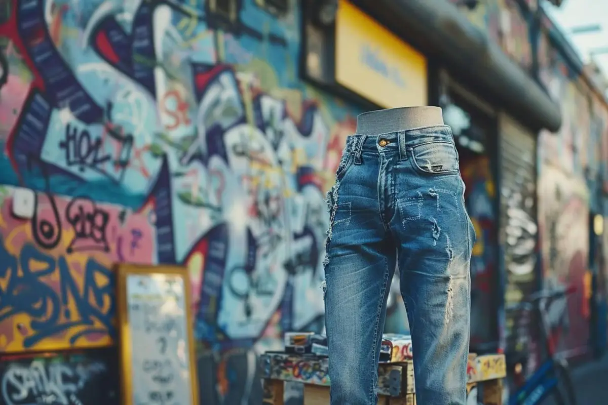Jean droit bleu porté avec un t-shirt blanc et une veste en denim foncé dans un intérieur lumineux