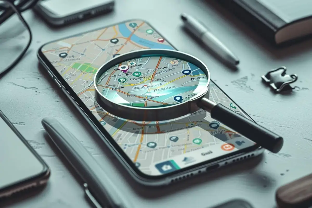 Téléphone posé près de clés et d’un sac, avec une carte de localisation affichée sur un second appareil