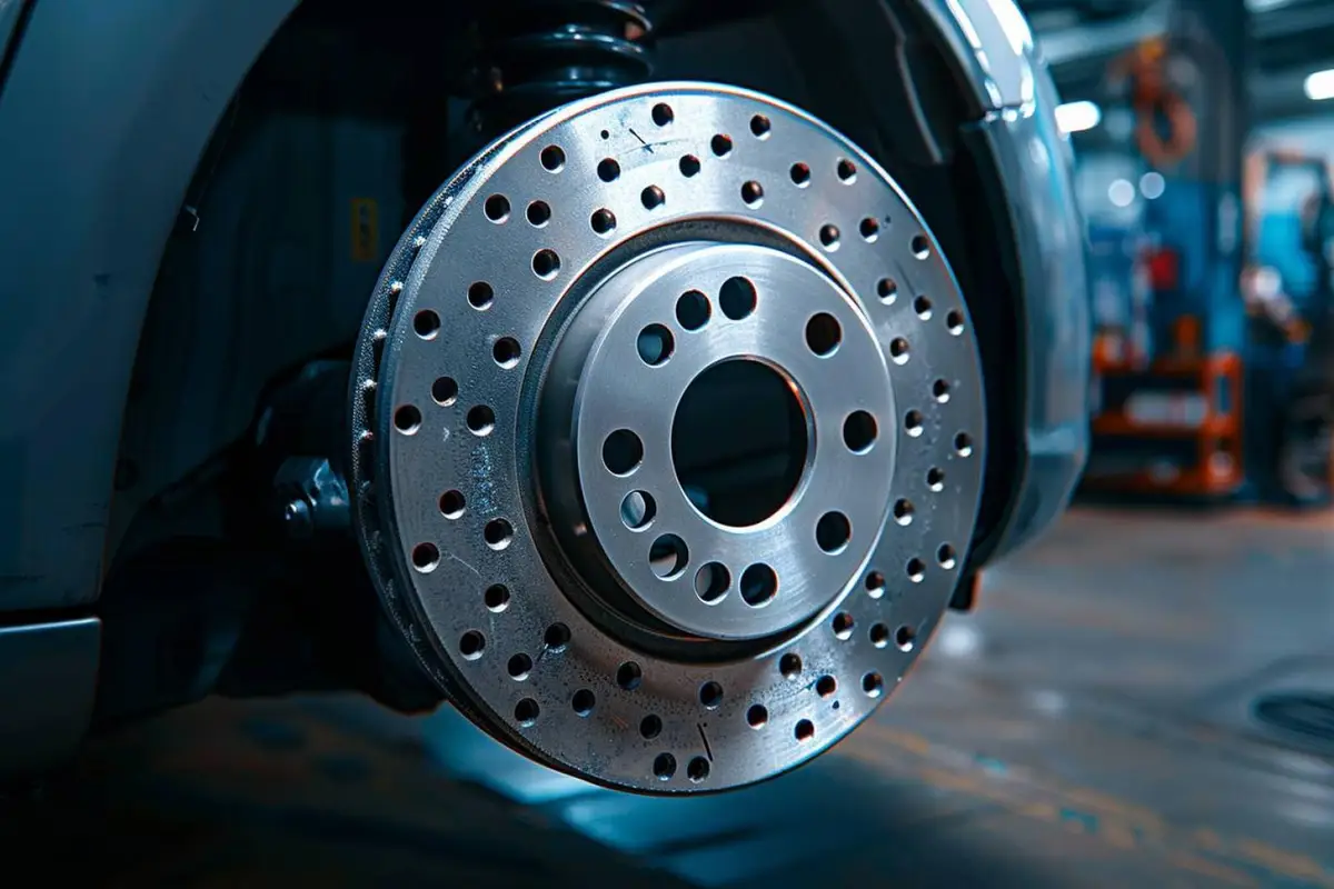 Contrôle au micromètre du disque de frein avant d’une petite citadine dans un atelier automobile
